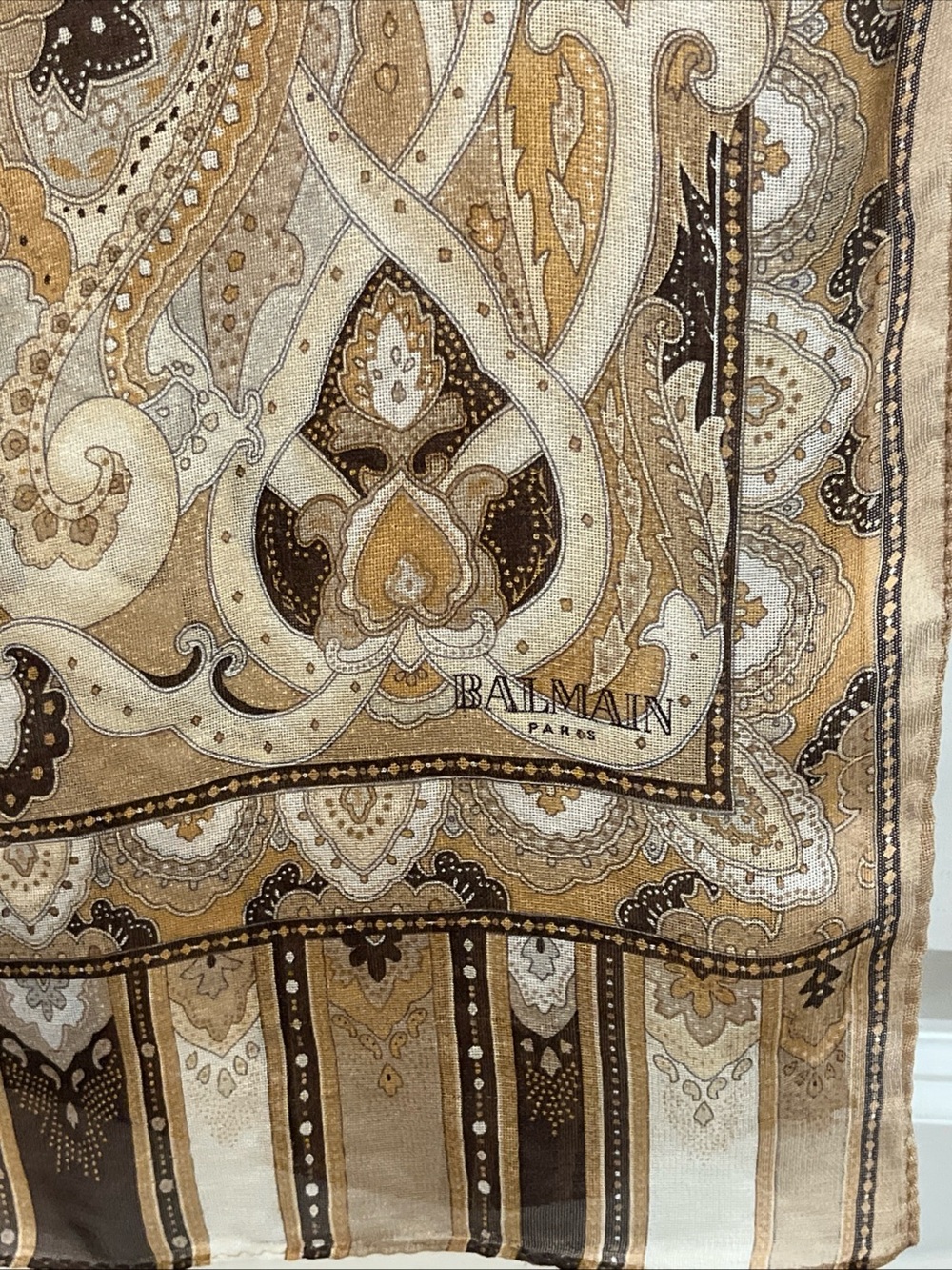 Vintage Pierre Balmain Paris 100%Silk Hand Rolled Edges Paisley EarthTones Scarf